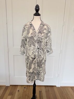 ⚫⚪ Tahari Linen Shirt Dress Black Floral on White XS ⚪⚫